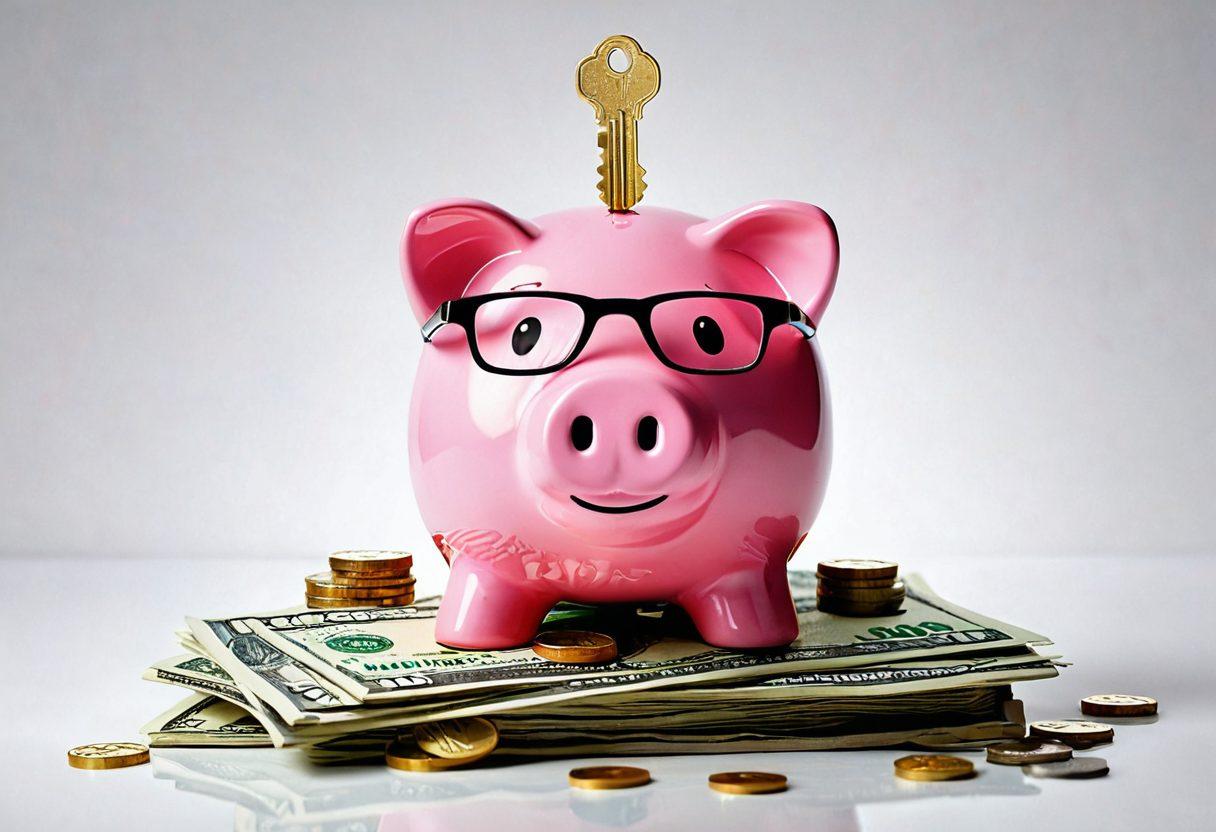 A glowing key floating above a stack of colorful banknotes, symbolizing unlocking financial freedom. Incorporate elements like a piggy bank, growth charts, and various currency symbols in the background, creating a vibrant and inspiring scene for savvy savers. Use bright and engaging colors to attract attention. super-realistic. vibrant colors. white background.