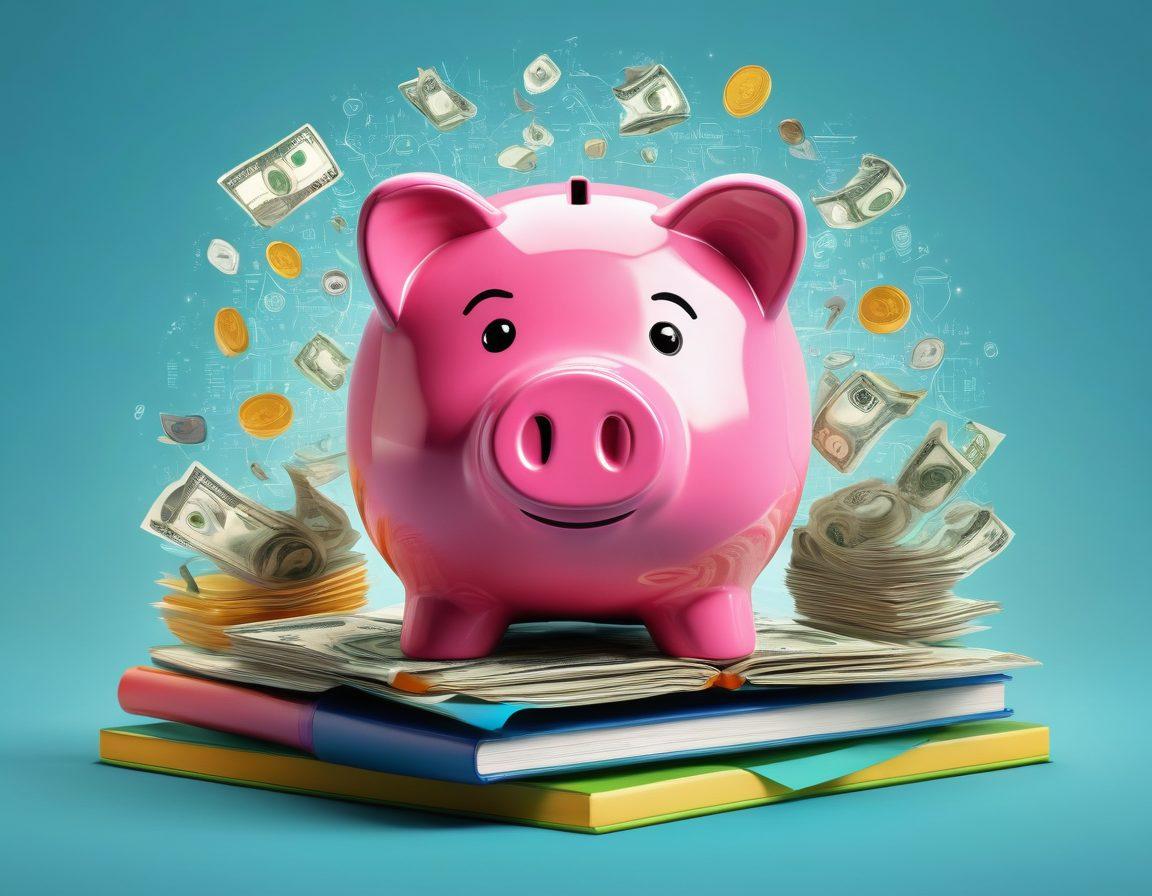 A vibrant and dynamic illustration of a piggy bank transforming into various currencies, surrounded by upward-trending graphs and books representing financial knowledge. Icons of calculators, wallets, and financial charts float around, symbolizing strategies for financial literacy. The background is bright and inviting, inspiring a sense of wealth growth and empowerment. vibrant colors. vector art.