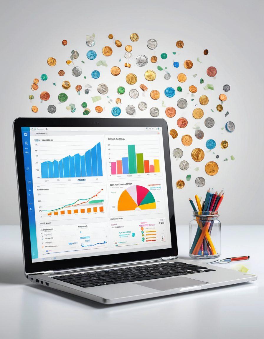 An open laptop displaying a colorful dashboard of financial tools and graphs, with a notebook and pen beside it, representing smart saving strategies. In the background, soft-focused images of coins and a piggy bank to symbolize financial growth. A light bulb and dollar sign icons floating subtly in the air for ideas and savings. super-realistic. vibrant colors. white background.